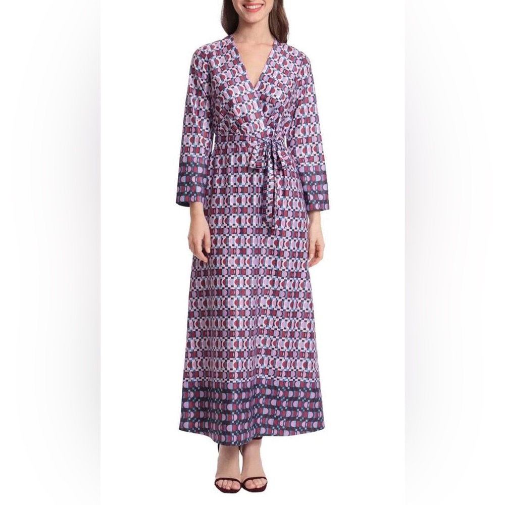Donna Morgan Caelen Geo Wrap Tie Waist Long Sleeve Maxi Dress Purple Boho 4 - Picture 10 of 10